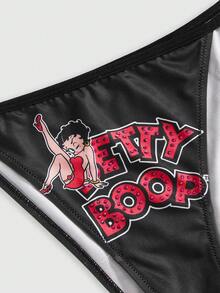 Betty Boop | ROMWE 女士字母卡通印花露背系带上衣和丁字裤内衣套装 - 黑色 - 查看 4