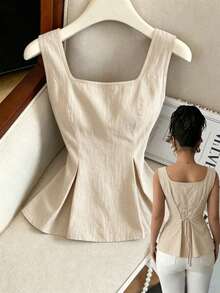 Elenzga Áo sơ mi không tay cổ vuông kẻ sọc thắt eo mùa hè 2025 Niche - Màu be - Xem 1