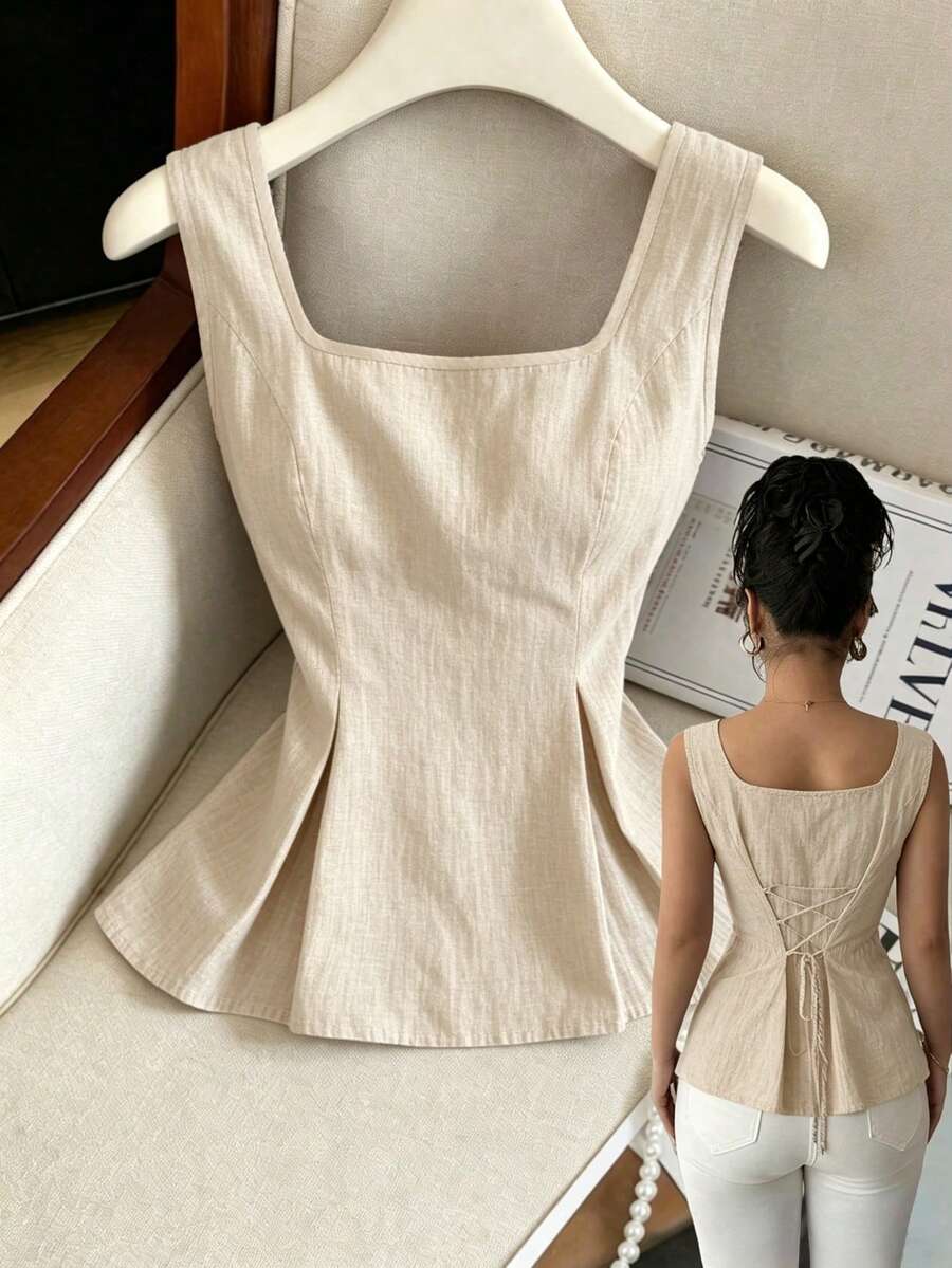 Elenzga Áo sơ mi không tay cổ vuông kẻ sọc thắt eo mùa hè 2025 Niche - Màu be - Xem 1