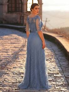 Serin 大码优雅浪漫朦胧蓝圆领七分袖贴花A字连衣裙，适合各种场合，新娘母亲礼服 - 藍色 - 查看 4