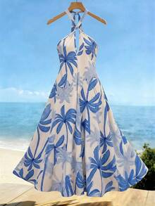 Franclia Women's Elegant Vacation Casual Printed Halter Backless Dress - Blue and White - View 1