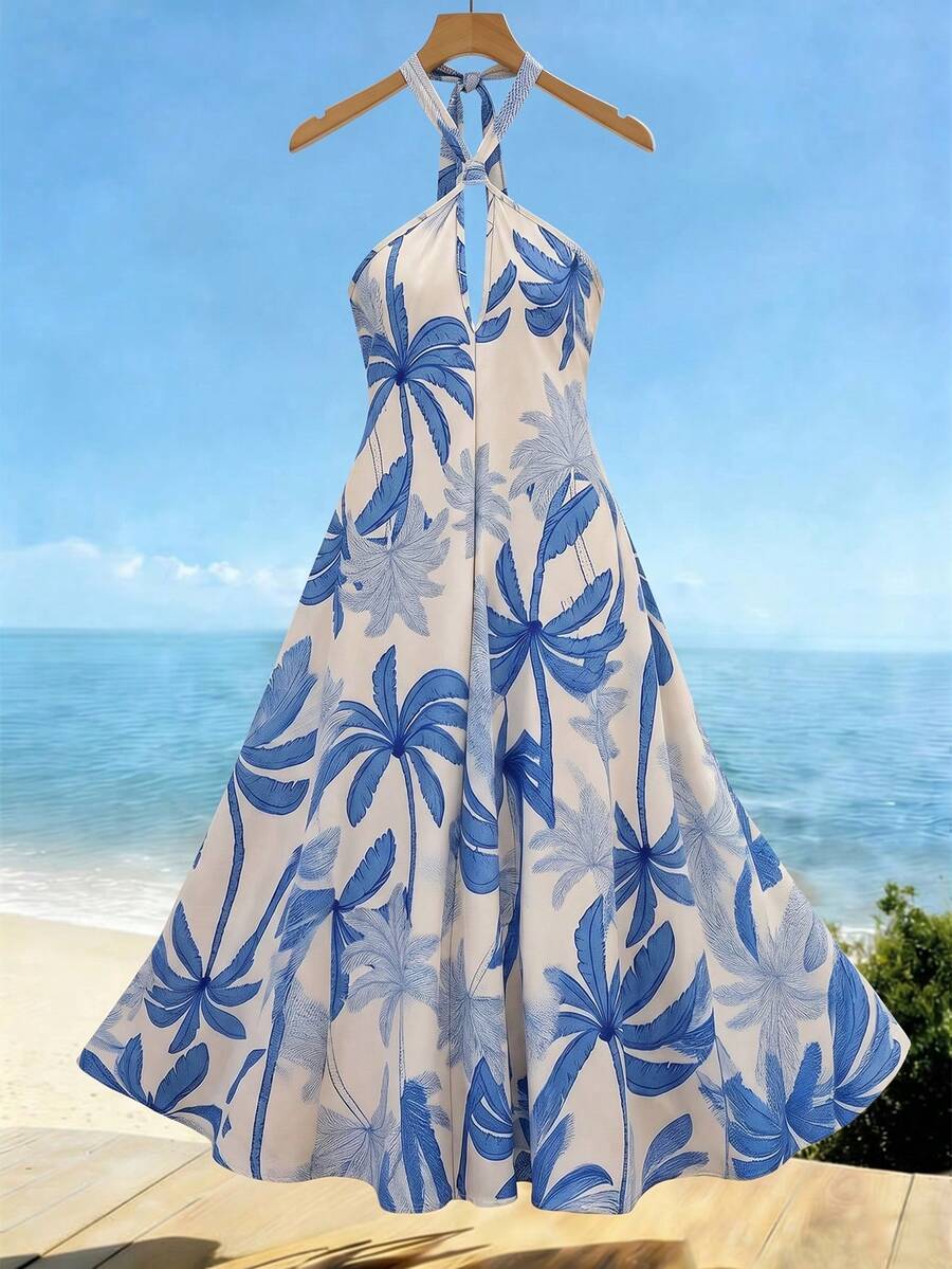 Franclia Women's Elegant Vacation Casual Printed Halter Backless Dress - Blue and White - View 1