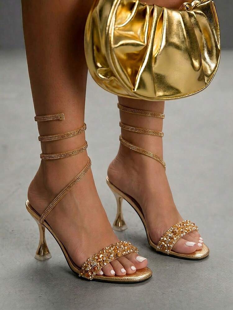 CUCCOO SZL Ladies With Elegant Summer Gold PU-Faced High-Heeled Sandals Summer Shoes