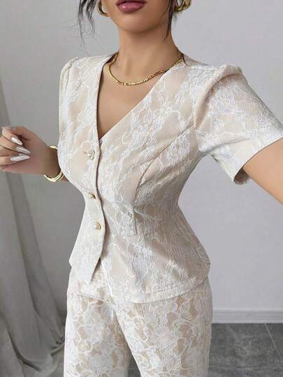 Elenzga 女士春夏新款优雅浪漫通勤日常派对约会装蕾丝拼接珍珠纽扣V领泡泡袖衬衫