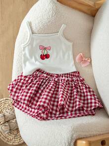 Emery Rose Kids Emery Rose Kids 女童夏季休闲樱桃印花吊带背心和格子短裤套装 - 紅白色 - 查看 3
