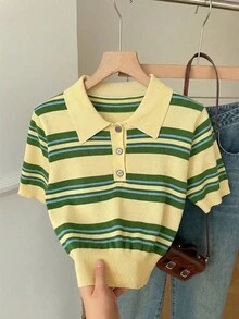 SHEIN EZwear Women's Button-Up Striped Short Sleeve Knit Top - Multicolor - View 3