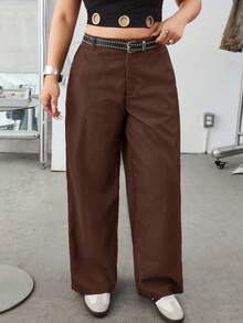 SHEIN EZwear 大码纯色斜插口袋休闲基础款西装裤，棕色，高腰夏季长裤 - 咖啡棕 - 查看 3