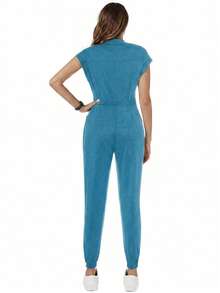 TaskEZ Uniforme de enfermera quirúrgica de mujer  TaskFit, bata de enfermera, uniforme de trabajador de salud con estampado de escarcha, mono con mangas de hombro, 4 bolsillos y cordón en la cintura - verde menta - Ver 4