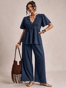 SHEIN LUNE 加大码梭织纹理V领短袖系带荷叶边下摆两件套 - 寶藍色 - 查看 5