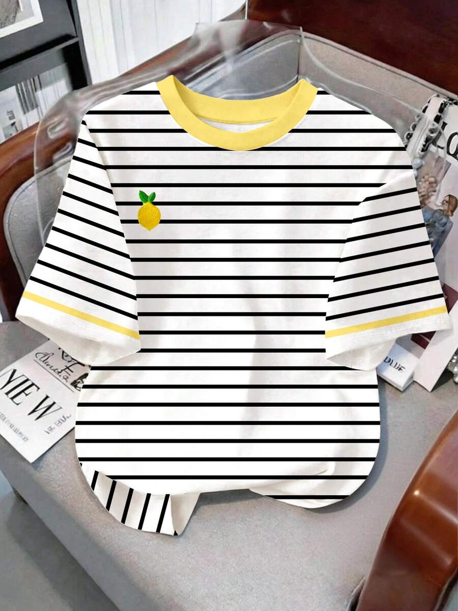 Tricou Tween Girl cu imprimeu dungat, mânecă scurtă, casual, minimalist, pentru fete, potrivit pentru vară - Multicolor - Vizualizare 1