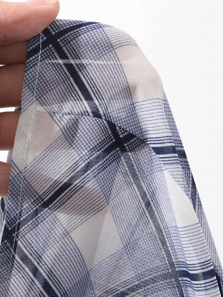 Plaid Chiffon Long Flare Sleeve Tie Bow V-Neck Casual Vacation Summer Blouse For Women