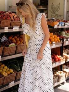 Pariaura 女士波点图案单排扣荷叶边连衣裙 - 白色 - 查看 3