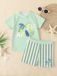 SHEIN Young Boy Casual Loose Fit Round Neck Short Sleeve T-Shirt And Shorts Swimwear Set, Suitable For Summer - Multicolor - View 2