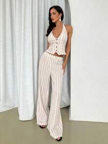 Firerie 女士优雅春夏亚麻休闲通勤度假沙滩V领露背系带条纹西装背心和高腰阔腿卡其色套装 - 卡其色 - 查看 6