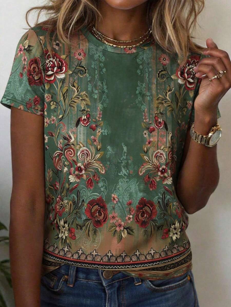 SHEIN LUNE Damen Lässig T-Shirt mit rundem Ausschnitt und Kurzarm mit Blume Muster - Verschiedenfarbig - Übersicht 1