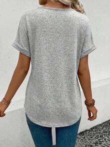 SHEIN Women's Casual Chic Daily Commute Vacation Leopard Print Patchwork V-Neck Loose T-Shirt, Summer - Grey - View 2