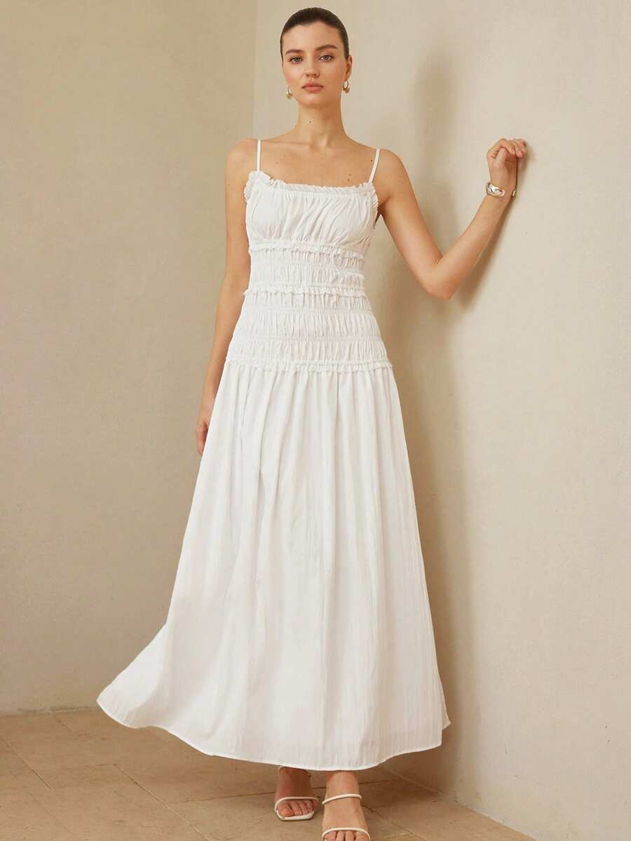 BELROSIE French Minimalist White Cottage Core Spaghetti Strap Dress, Summer Vacation Holiday Elegant Sleeveless Fitted Waist Ruched Layered Pleated Loose Hem - White - View 1