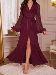 SHEIN 女士深V领系腰休闲家居服睡袍 - 酒紅色 - 查看 3