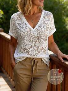 Balvessa 女士V领T恤，春夏新款蕾丝印花短袖休闲T恤，适合日常穿着 - 彩色 - 查看 1