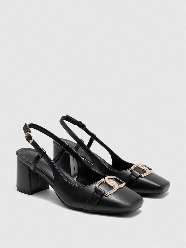 CUCCOO BIZCHIC Women's Buckle Design Daily Commuter Black Square Toe Women's High Heel Shoes Slingback Shoes