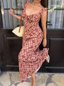 Serisse Đầm nữ thanh lịch dáng lửng, có bèo nhún, thắt nơ phía trước, họa tiết kẻ caro. - màu đỏ đậm - Xem 6