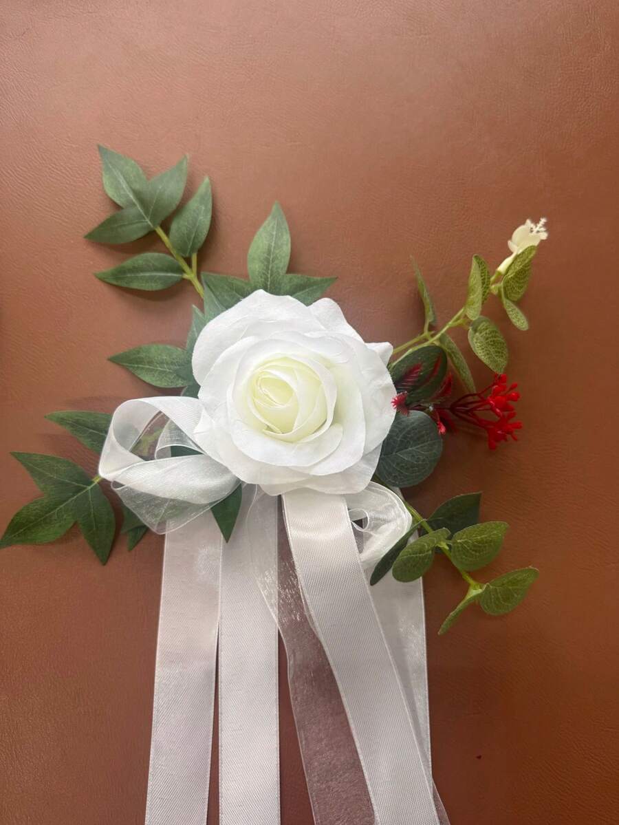 一套 12/6/2 婚礼走道装饰，包括教堂长椅花，适用于婚礼仪式和宴会椅装饰，由人造花、桉树叶和丝带组成。 - 彩色 - 查看 1