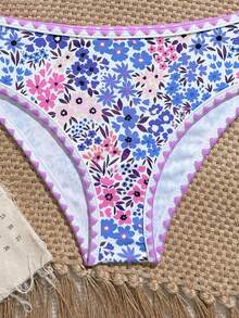 SHEIN 少女碎花抹胸比基尼套装，适合度假、复古、海滩、海洋等场合，优雅可爱 - 紫色 - 查看 5