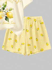 SHEIN Young Girl Retro Elegant Cream Lemon Tree Print Pattern,Fresh Yellow Plaid Short Sleeve T-Shirt And Shorts 2-Piece Set,Holiday Summer,Pastoral Style - Multicolor - View 5