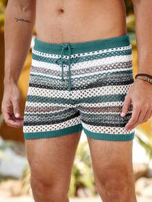 Horizaway Men's Vacation Casual Hollow-Out Knit Shorts Beach Outfit For Men Shorts Shorts For Men Pambahay Summer Shorts For Women Colorful Shorts For Women Shorts For Men Casual Green Stripe Shorts - Multicolor - View 7
