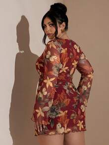 SHEIN BAE 大码女式长袖迷你连衣裙，秋冬款 - 酒紅色 - 查看 2