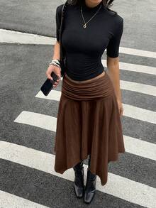 Aloruh Falda midi plisada con bajo asimétrico, nueva de primavera/verano, 100% algodón, conjunto retro Y2K - Marrón - Ver 3