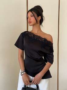 SHEIN Tall CURVE Áo kiểu nữ cỡ lớn màu trơn phối ren tương phản, vạt áo xếp ly bất đối xứng, thanh lịch. - màu đen - Xem 6