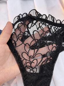 女士水钻拼接腰带刺绣网纱性感丁字裤 - 黑色 - 查看 8