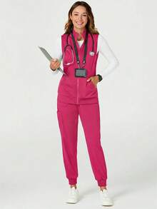 TaskEZ Women's Minimalist Solid Color Zip-Up Stand Collar Sleeveless Scrub Uniform Jacket - Hot Pink - View 5