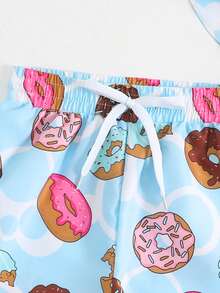 Toddler Boys' Swimwear, Cute Donut Print Velvet Beach Shorts And Sun Hat, Summer Holiday - Multicolor - View 5