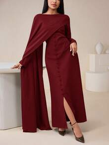 Women's Solid Color Round Neck Ribbon Design Button Elegant Dress Burgundy Dress For Women Long Sleeve Long Dress - Burgundy - View 7