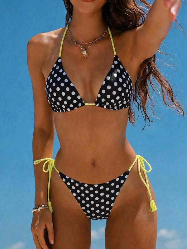 Swim Mod Conjunto de bikini sexy con diseño de cuerda halter, espalda descubierta y estampado de lunares para mujer, ideal para vacaciones de verano en la playa