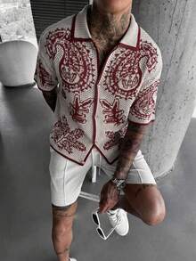 Manfinity LEGND 男士腰果印花短袖单排扣针织衫 - 彩色 - 查看 1