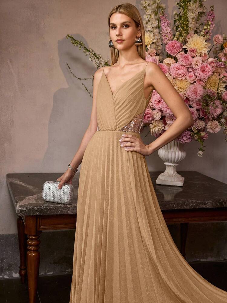 MOTF Soiréza WOMEN'S V-NECK PARTY, BANQUET, BALL GOWN PLEATED PATCHWORK DRESS, SPRING/SUMMER