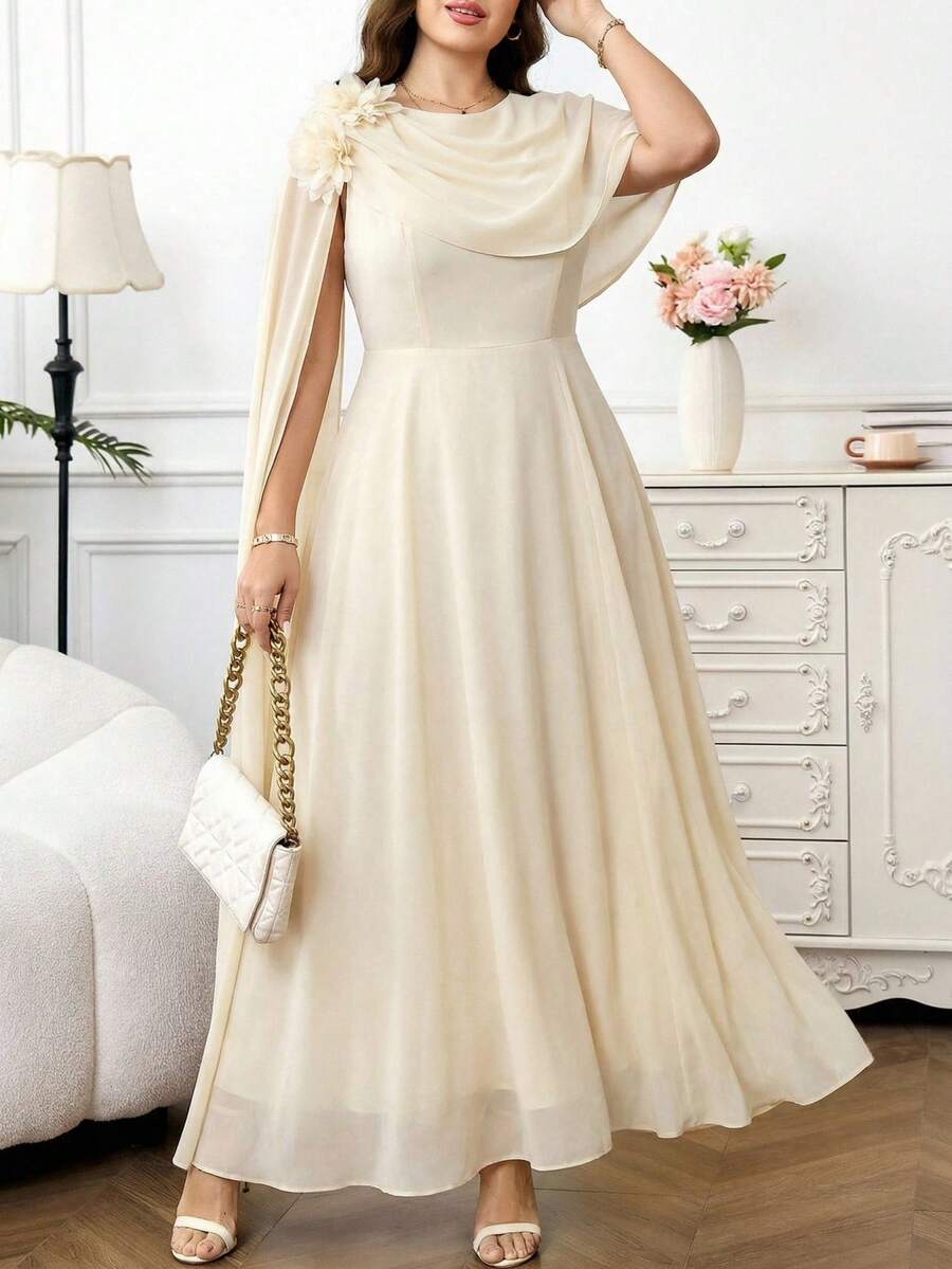 Reflora Đầm dài thướt tha thanh lịch dành cho nữ cỡ lớn, trang trí hoa 3D, xẻ tà và cổ áo choàng, phù hợp cho đám cưới và các dịp trang trọng.