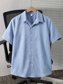 SHEIN 青少年男童休闲舒适纯色百搭短袖衬衫，适合春季、夏季及户外穿着 - 淺藍色 - 查看 7