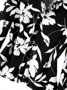 Qadelle Elegant V-Neck Ruffle Floral Print Petal Sleeve Loose Long Sleeve Women Blouse - Black - View 4