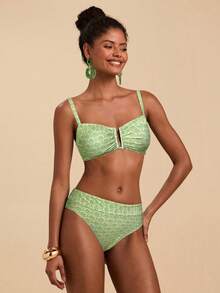 Travachic Set Pakaian Renang Wanita untuk Liburan Pantai dengan Motif Cetak Seluruh Permukaan, Bikini Musim Panas - Mint Green - View 4