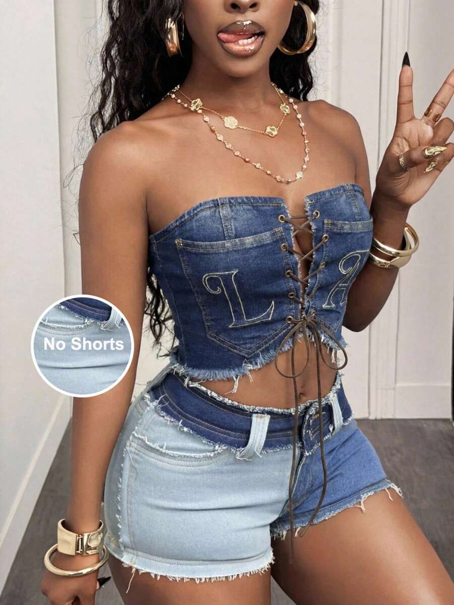 Slaydiva Women's Tube Top With Eyelet Tie-Up And Frayed Hem Design, Sexy And Versatile For Dates And Outings Sexy Crop Tops Denim Crop Top  Blue Top Y2k Outfit  Summer Top  Party Top Party Outfit For Women Club Club Outfits For Women Concert Women Outfits Sets Clubwear For Women Denim Corset Top - Light Wash - View 1