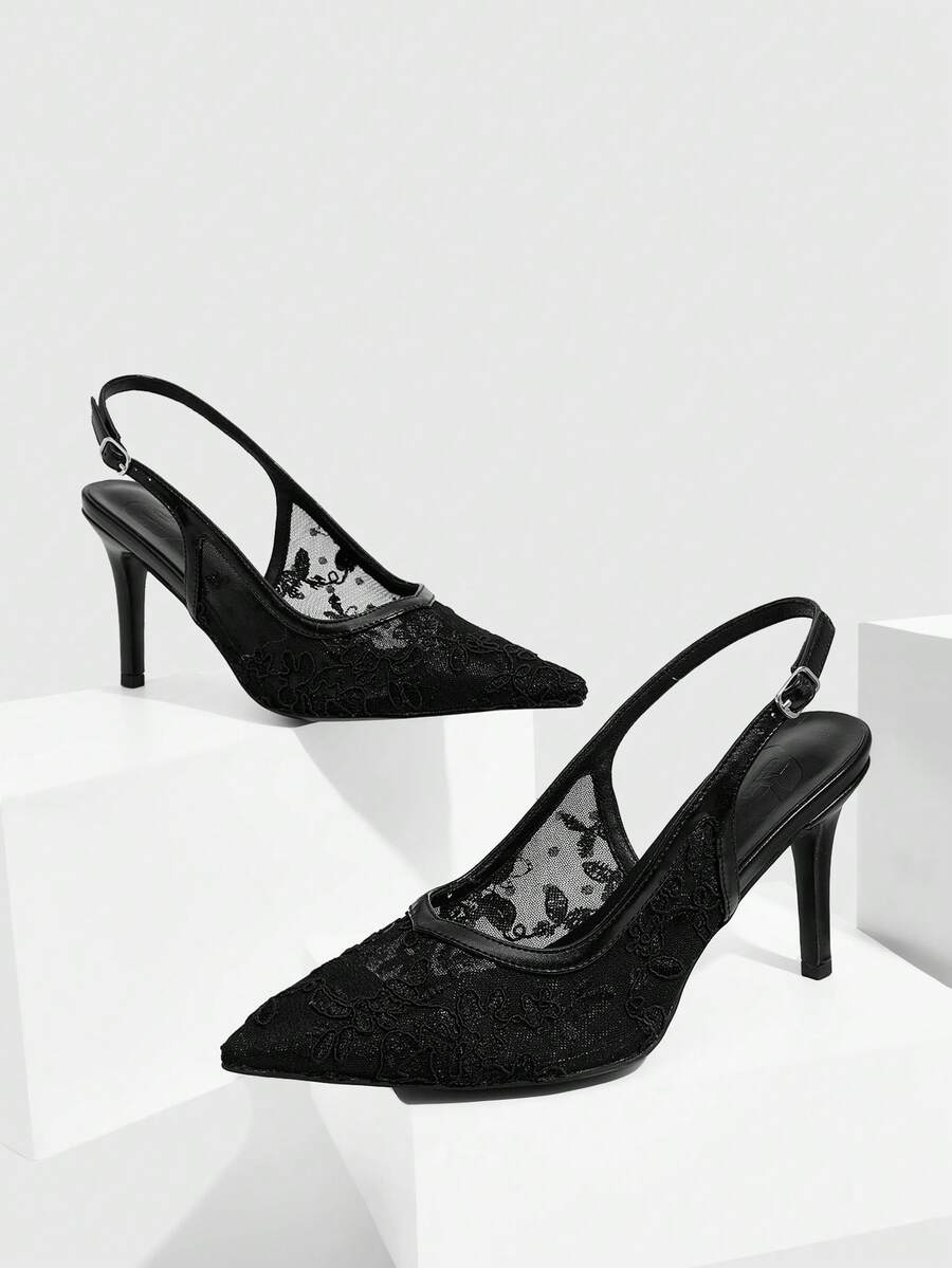 CUCCOO SZL Giày sandal cao gót nữ màu đen thắt nơ kiểu Pháp, chất liệu lưới thoáng khí, quai cài khóa, kiểu dáng khoét lỗ, thích hợp đi làm, hẹn hò, dự tiệc, lễ hội, đám cưới, du lịch. - màu đen - Xem 1