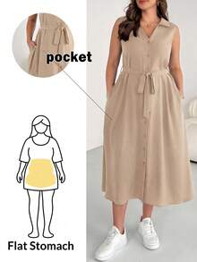 SHEIN Essnce Robe chemise mi-longue boutonné bleu foncé basique, ample et confortable, polyvalente pour le quotidien. Robe de travail pour femme, tenue d'aéroport, style simple, vêtements pour enseignante, tenue de bureau, robe col V avec poches, grande taille, printemps et été - Nude - Voir 1