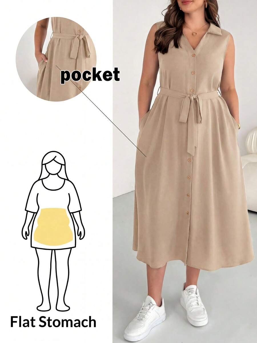 SHEIN Essnce Robe chemise mi-longue boutonné bleu foncé basique, ample et confortable, polyvalente pour le quotidien. Robe de travail pour femme, tenue d'aéroport, style simple, vêtements pour enseignante, tenue de bureau, robe col V avec poches, grande taille, printemps et été - Nude - Voir 1