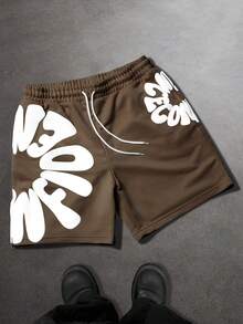 SLATEMANN Men's Letter Print Drawstring Waist Casual Versatile Daily Wear Shorts - Coffee Brown - View 2