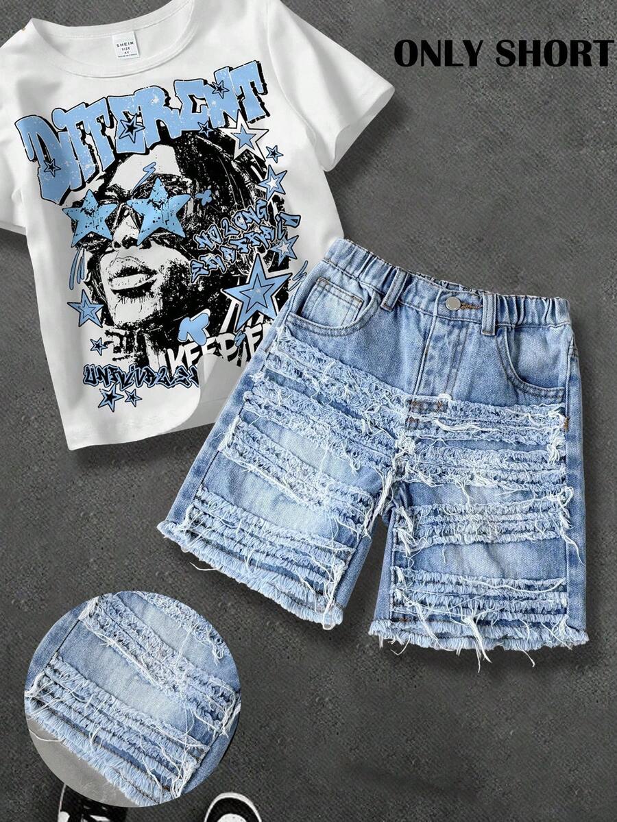 Young BoyBlue Denim Frayed Hem Shorts - Light Wash - View 1