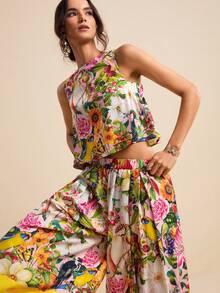 LOTSLUV Bộ đồ nữ mùa xuân/hè kiểu dáng nghỉ mát, họa tiết hoa và chim nhiệt đới màu hồng, cổ tròn, viền vàng tương phản, gồm áo không tay và quần. - Màu vàng - Xem 1